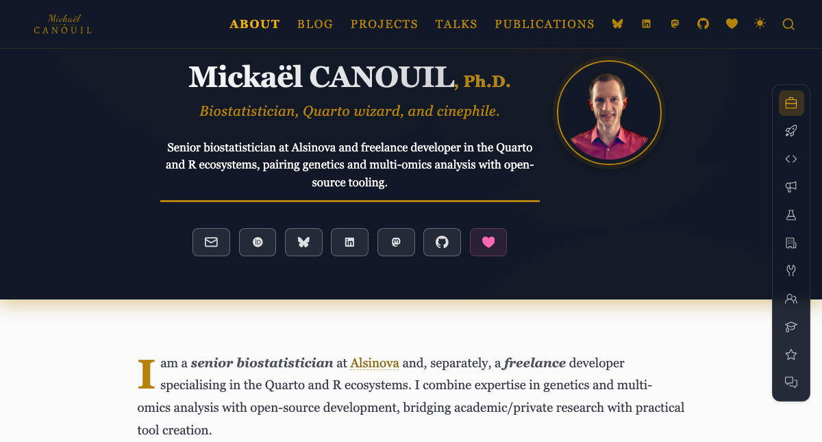 Dark-theme portfolio landing page with a profile photo, tagline, and social links.
