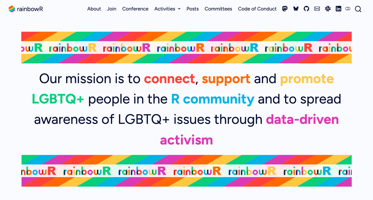 rainbowR community-site home with a rainbow banner and mission statement.