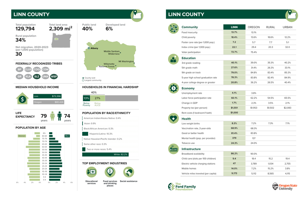 Branded Linn County report page with parameterised statistics, a map, and charts.