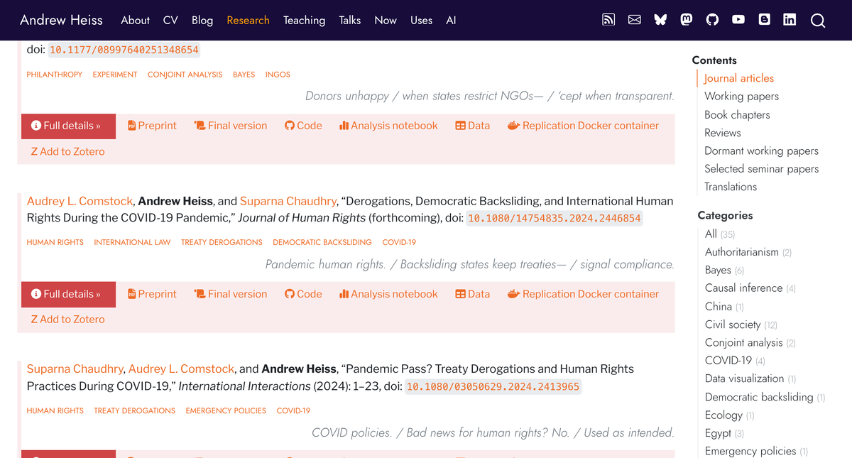 Filterable academic publications listing with category tags.