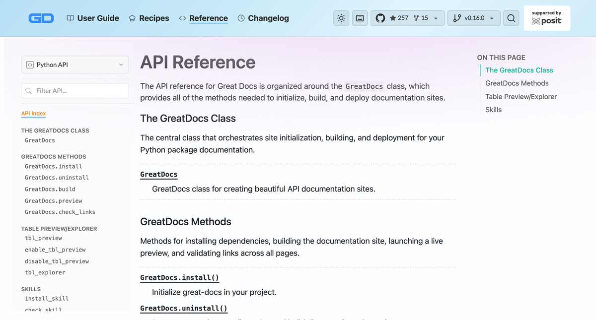 great-docs API reference page generated with quartodoc.