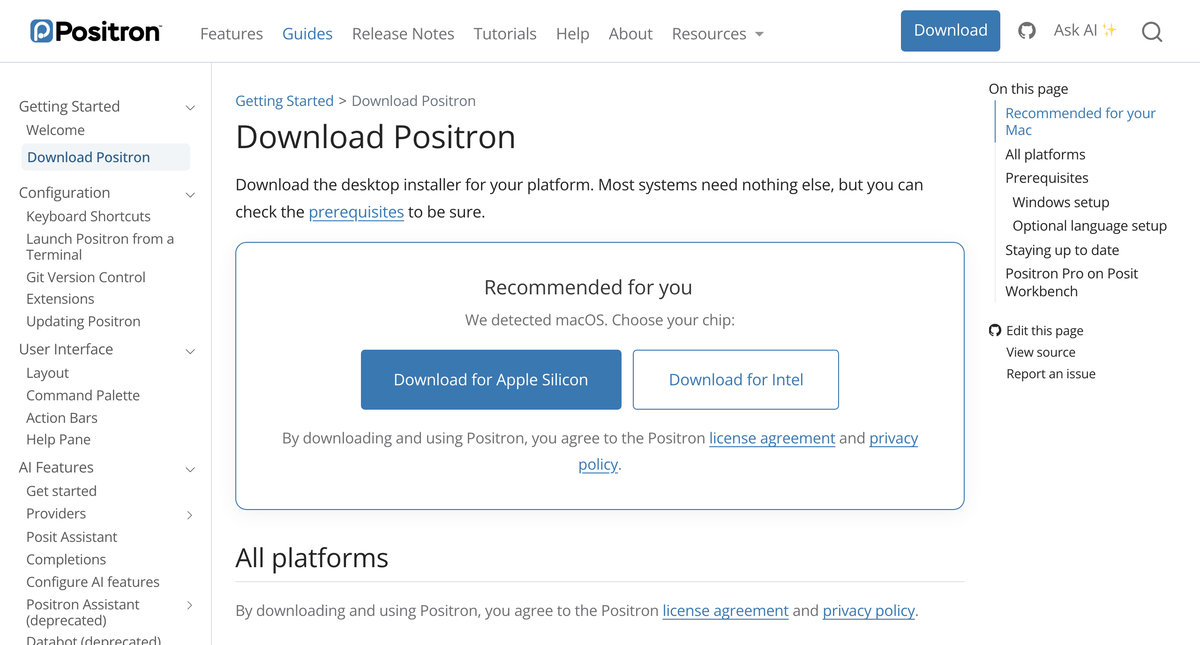 Positron documentation page with a navigation sidebar, on-page contents, and search.