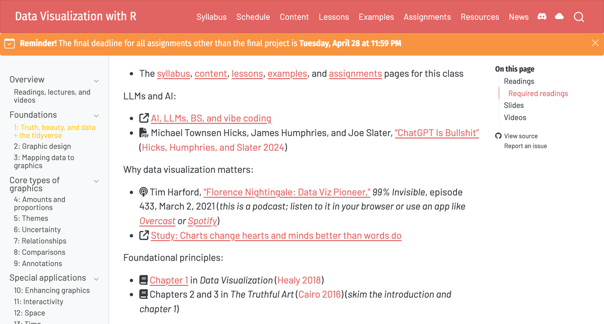 Data-visualisation course lecture page with a schedule and inline slides.