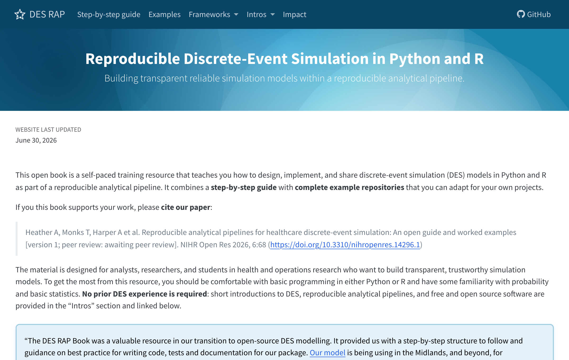 DES RAP Book home with a hero banner over an introduction to reproducible discrete-event simulation in Python and R.