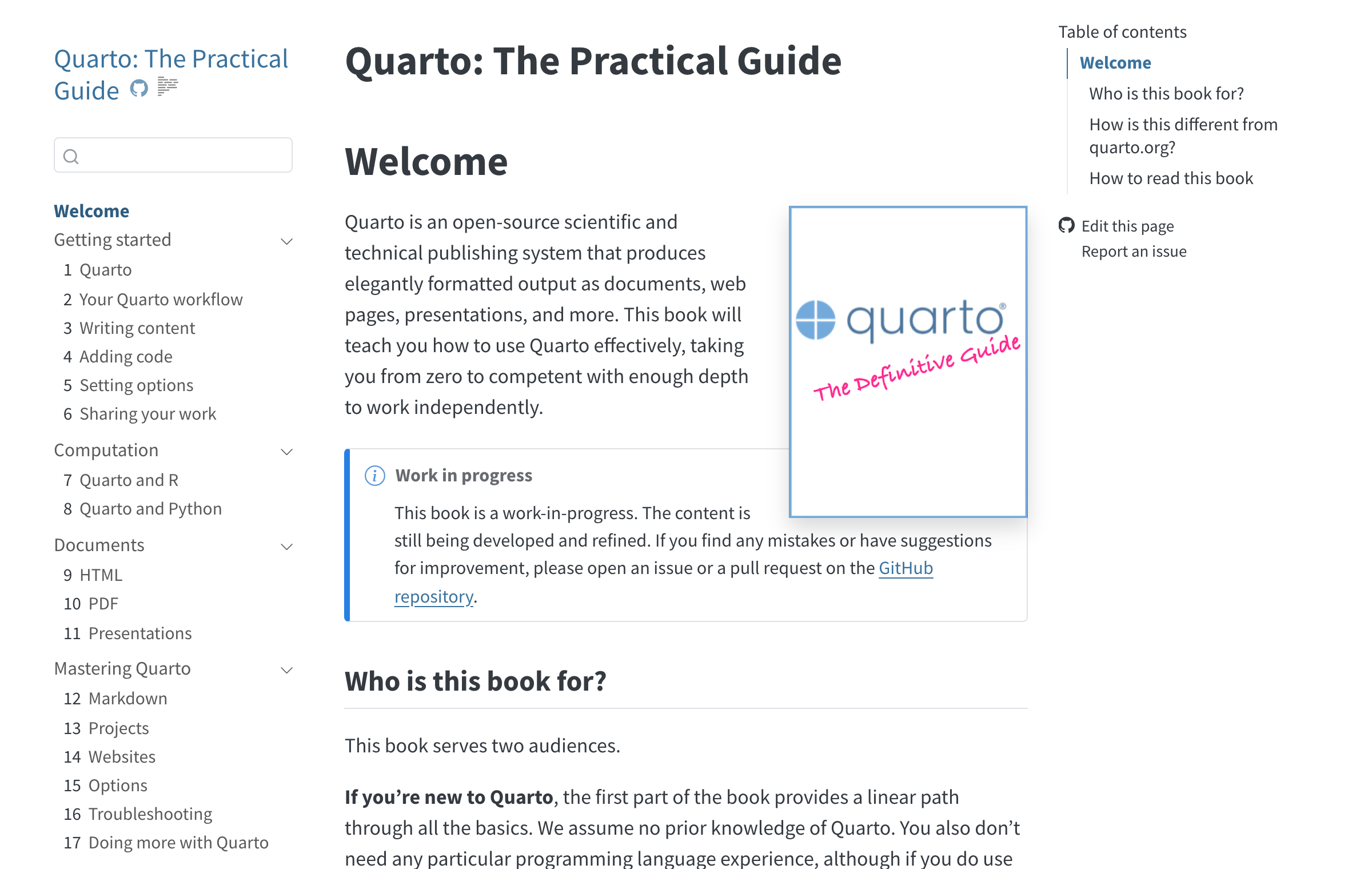 Quarto: The Practical Guide book welcome page with a chapter sidebar, table of contents, and the book cover.