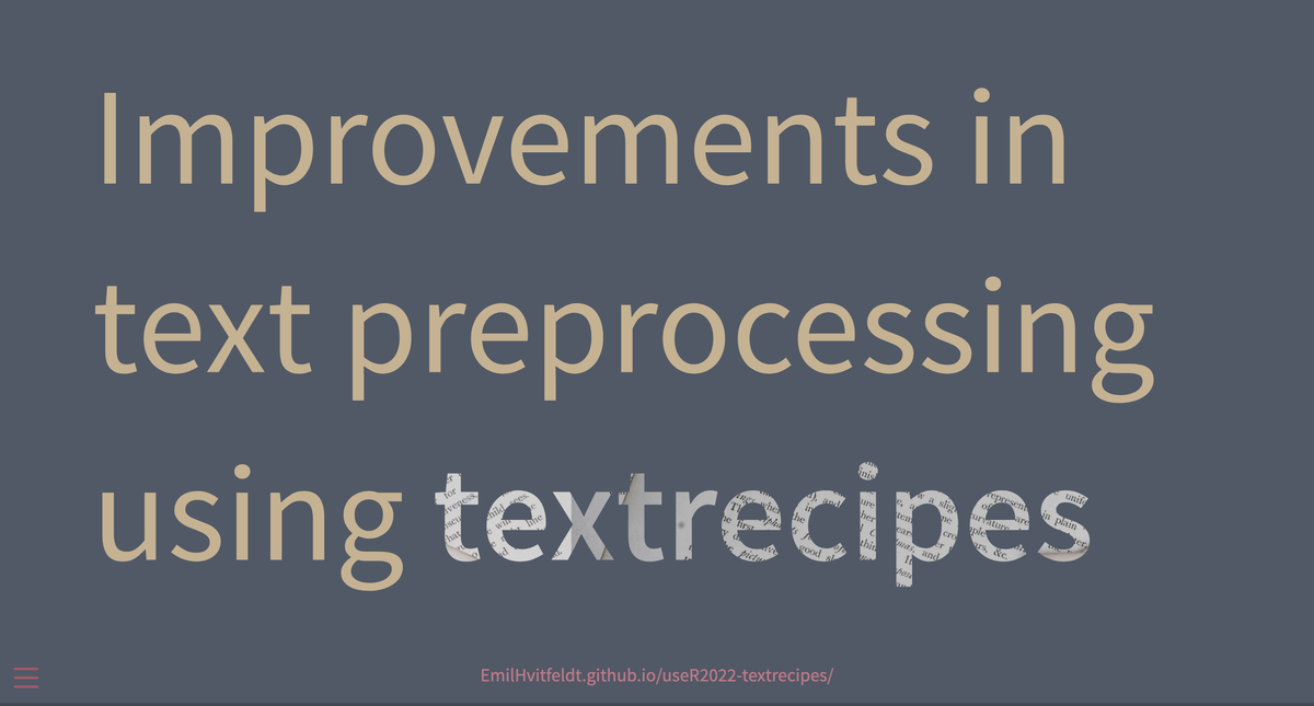 textrecipes RevealJS title slide with a custom theme.